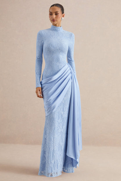Enestra | Powder Blue High-Neck Lace Maxi-Dress With Draped-Skirt