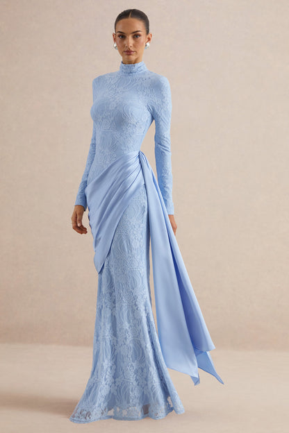 Enestra | Powder Blue High-Neck Lace Maxi-Dress With Draped-Skirt