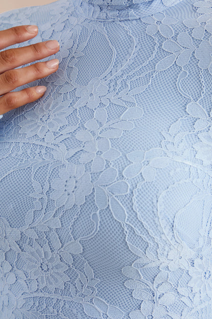 Enestra | Powder Blue High-Neck Lace Maxi-Dress With Draped-Skirt