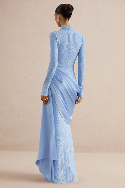 Enestra | Powder Blue High-Neck Lace Maxi-Dress With Draped-Skirt