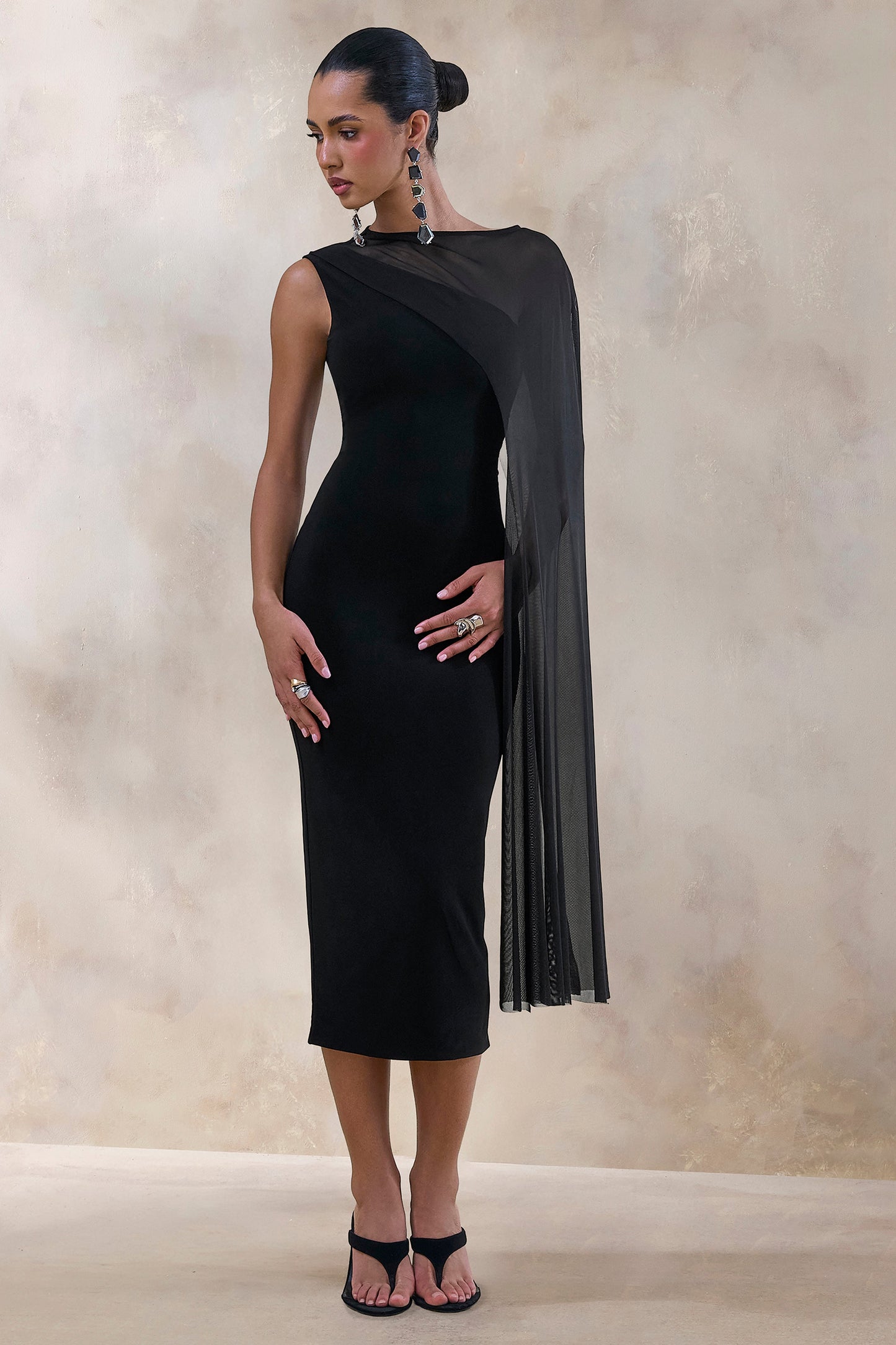 Caloria | Black Asymmetric-Neck Midi Dress With Mesh-Cape
