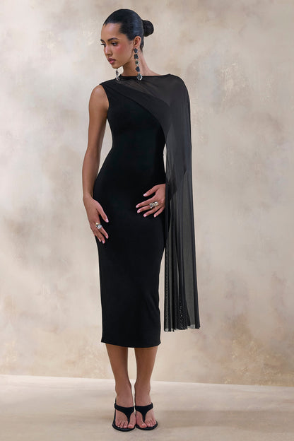Caloria | Black Asymmetric-Neck Midi Dress With Mesh-Cape