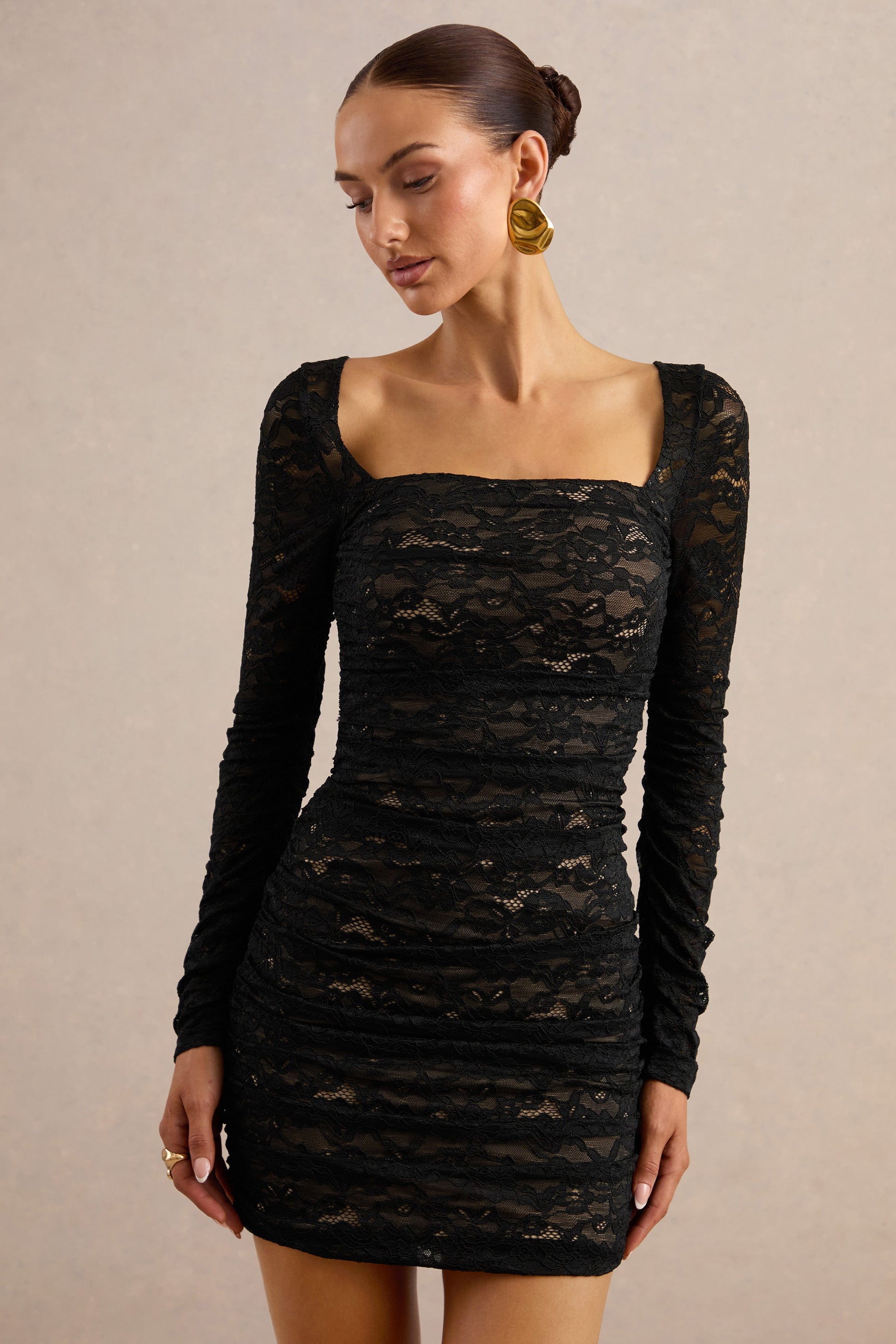 Ceronia | Black Lace Square-Neck Mini Dress