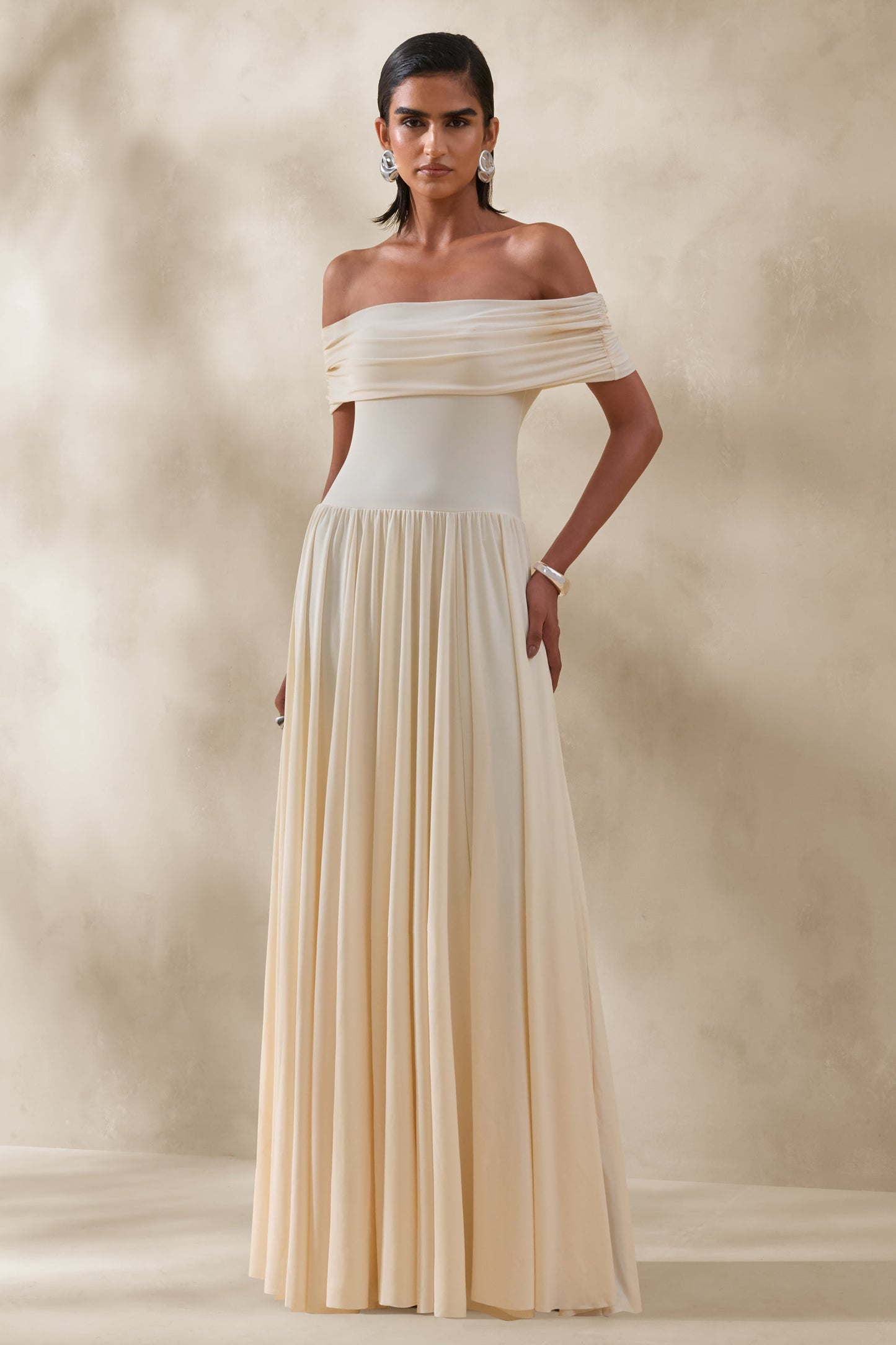 Cindie | Cream Bardot-Neck Maxi Dress