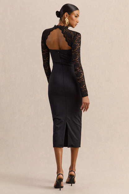 Arlune | Black High-Neck Midi Dress With Long Lace-Sleeves