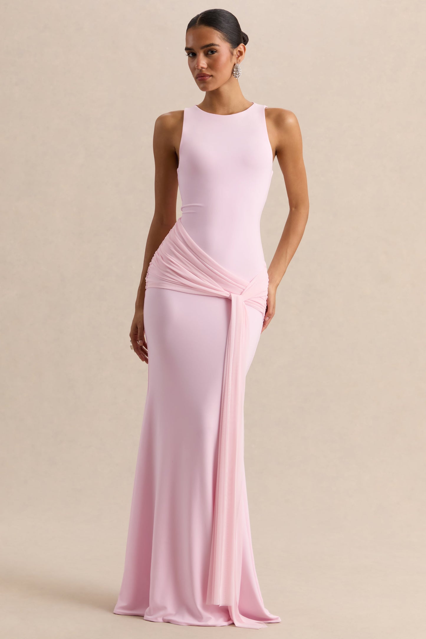 Mirene | Light Pink Round-Neck Maxi-Dress With Gathered-Detailing And Sash