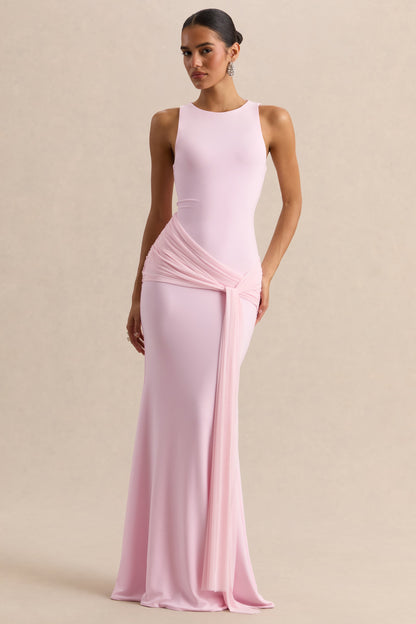 Mirene | Light Pink Round-Neck Maxi-Dress With Gathered-Detailing And Sash
