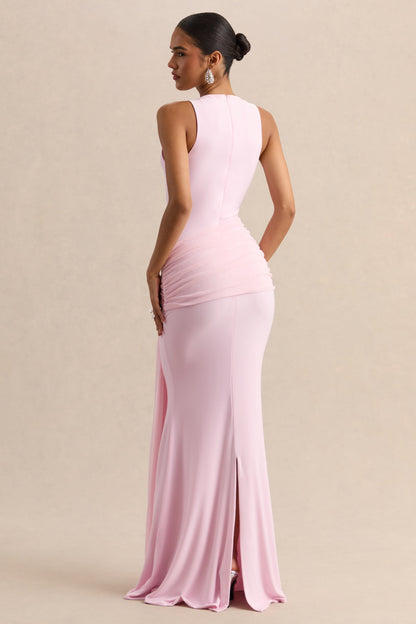 Mirene | Light Pink Round-Neck Maxi-Dress With Gathered-Detailing And Sash