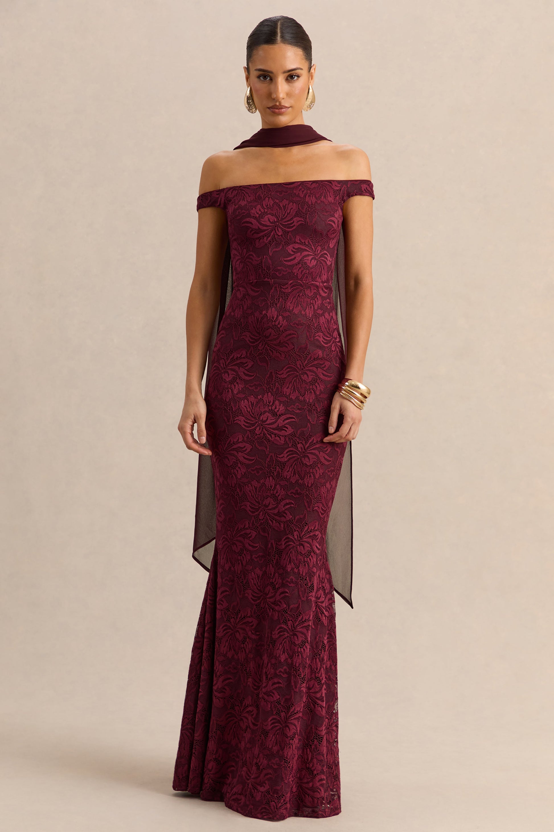 Iselle | Burgundy Lace Bardot-Neck Maxi Dress With Scarf-Detail