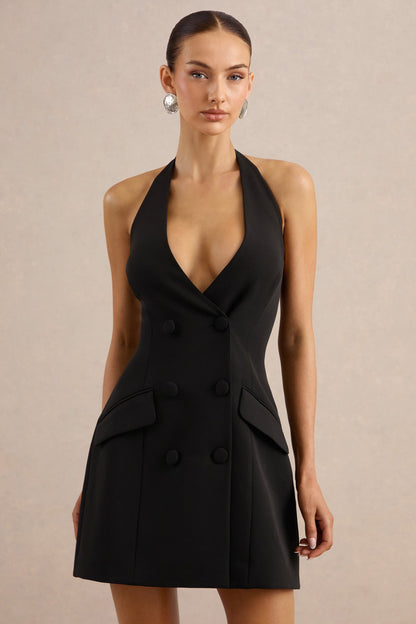Carlin | Black Plunge-Neck Tailored Mini Dress With Button Detailing