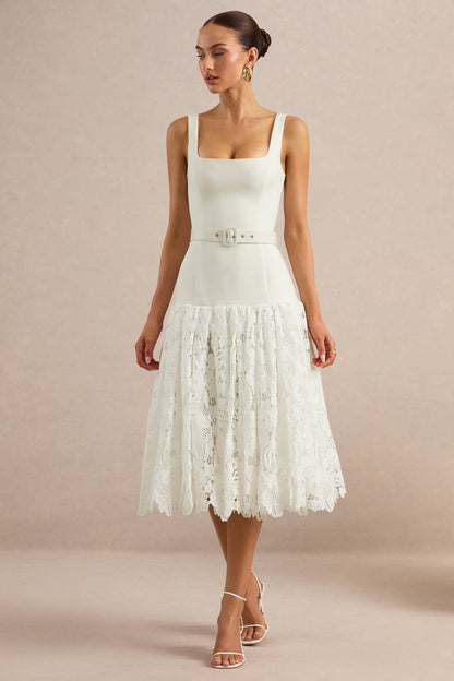 Norrie | White Lace Square-Neck Midi Dress With Voluminous Lace Skirt