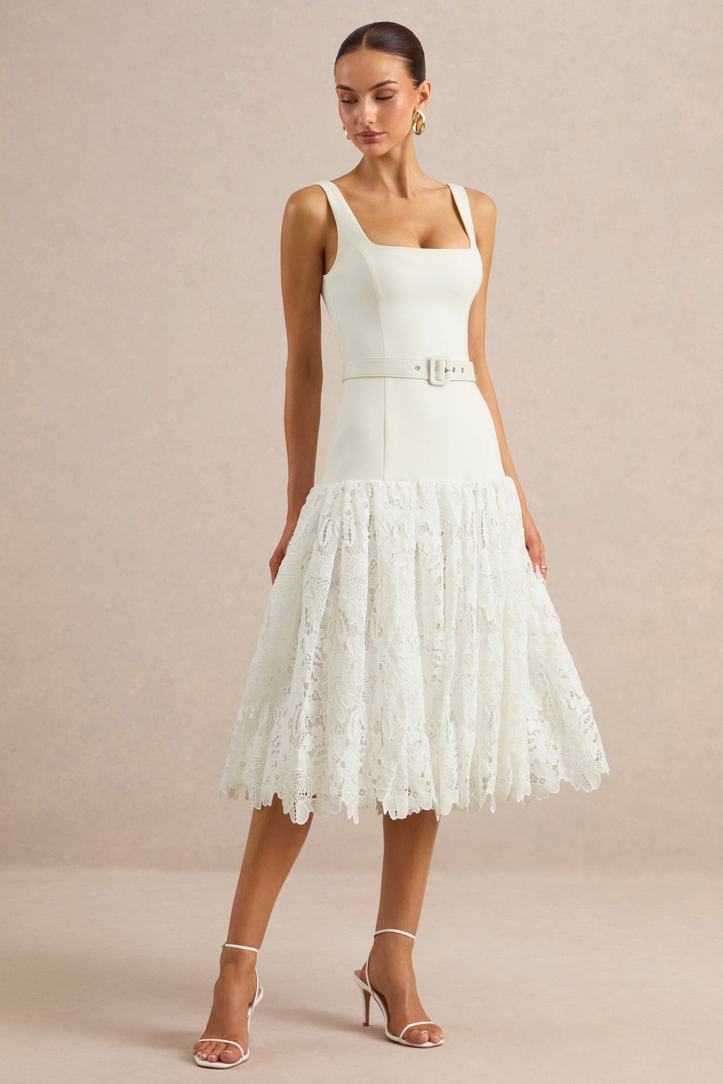 Norrie | White Lace Square-Neck Midi Dress With Voluminous Lace Skirt