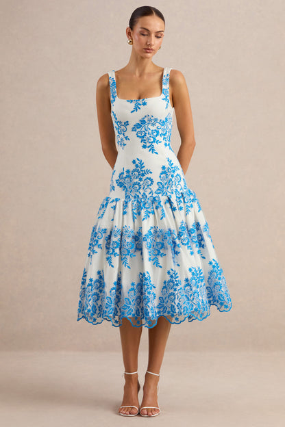 Mayra | Blue Lace Square-Neck Midi Dress With Voluminous Skirt