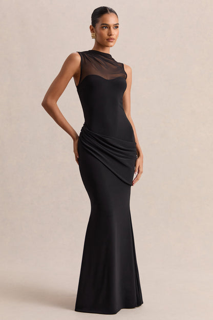 Lyssy | Black High-Neck Maxi Dress With Mesh-Detail