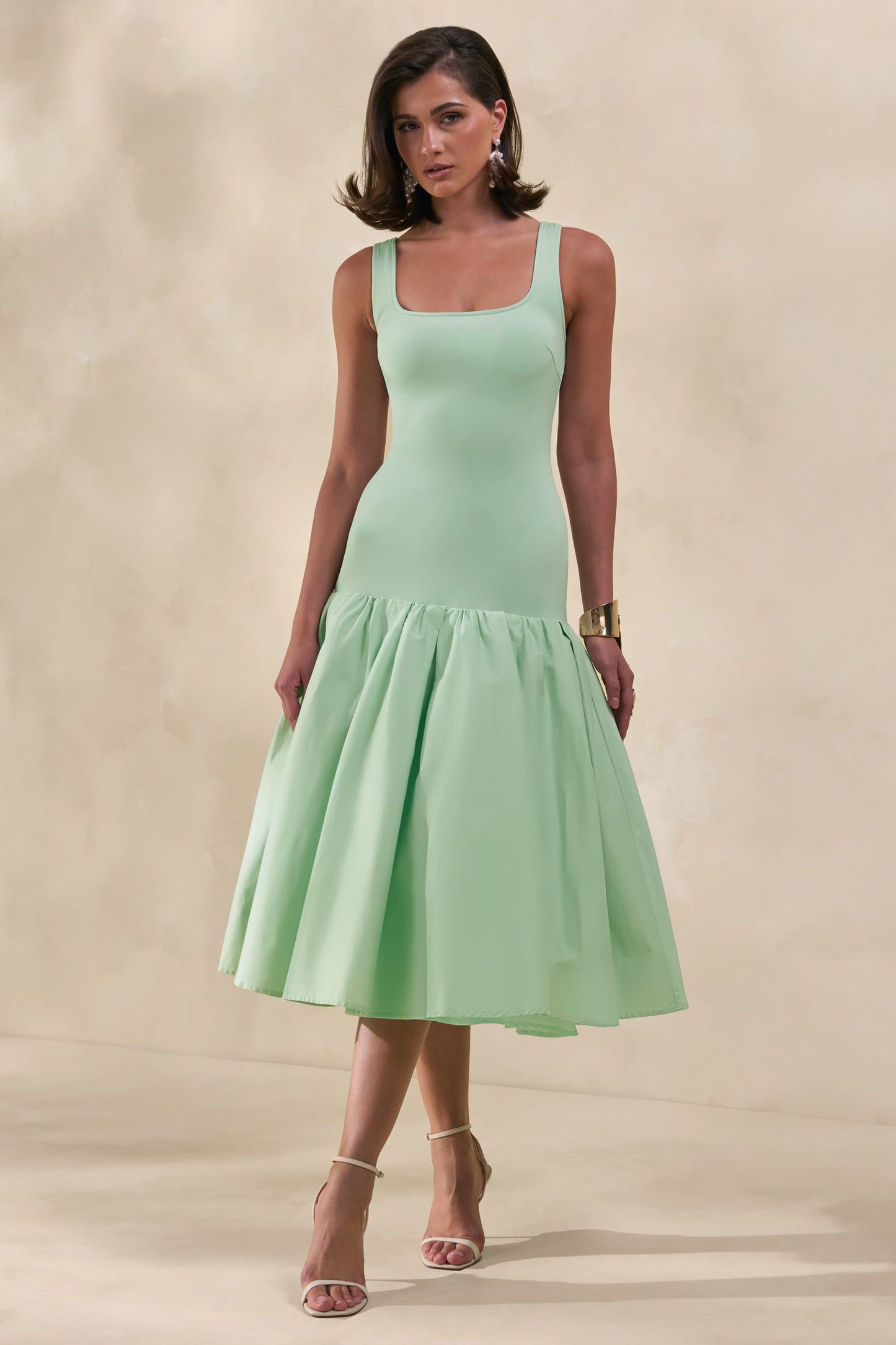 Nanette | Mint Square-Neck Midi Dress With Voluminous Skirt