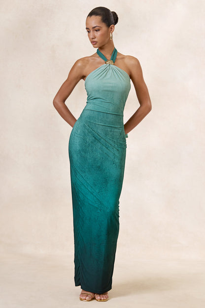 Thera | Turquoise Ombre Halter-Neck Maxi Dress With Gold Detail