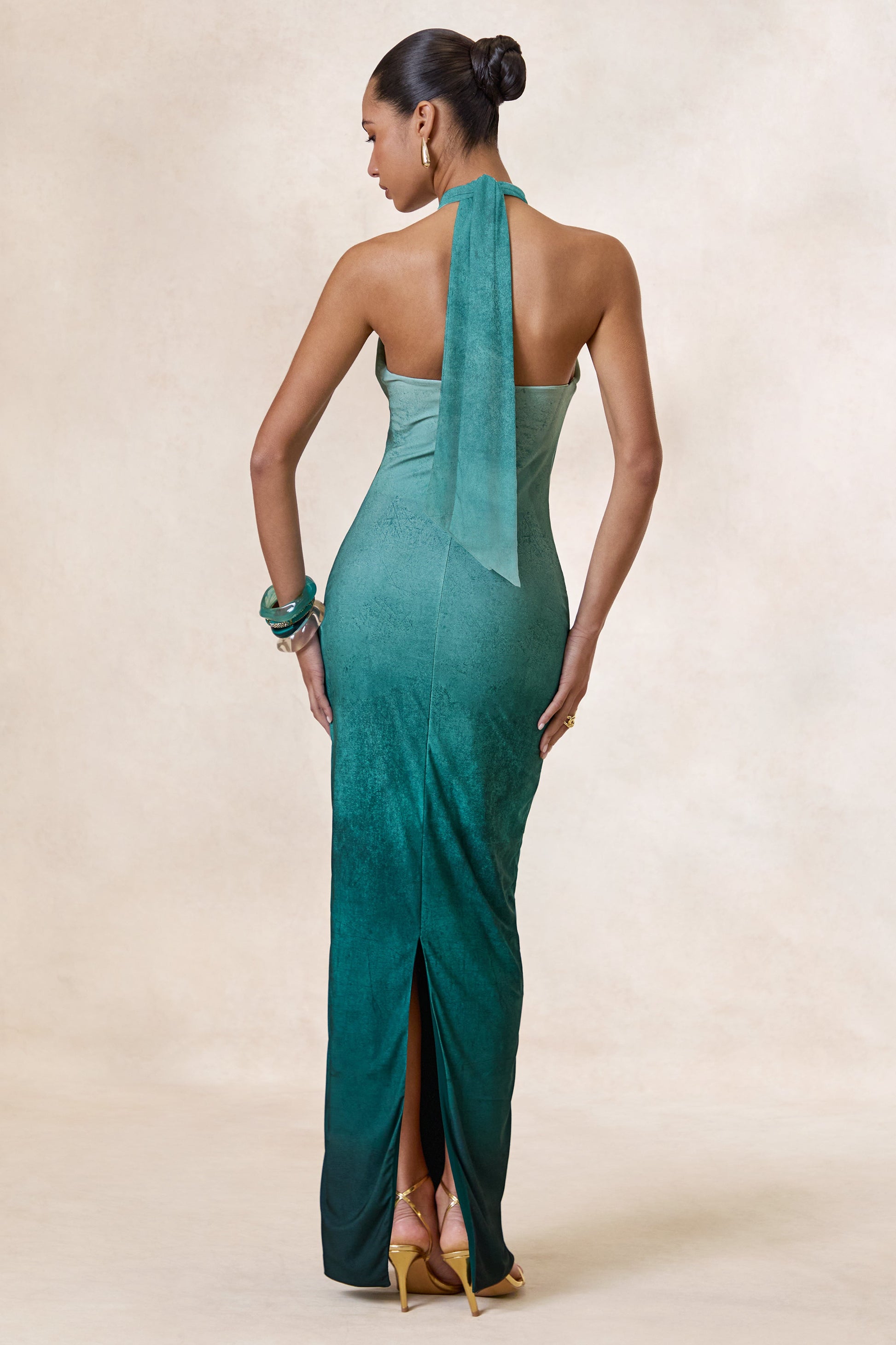 Thera | Turquoise Ombre Halter-Neck Maxi Dress With Gold Detail