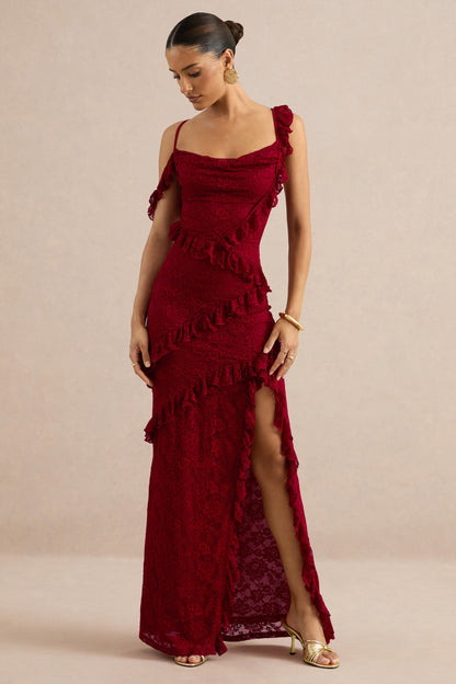 Sera | Red Lace Ruffle Trim Maxi Dress