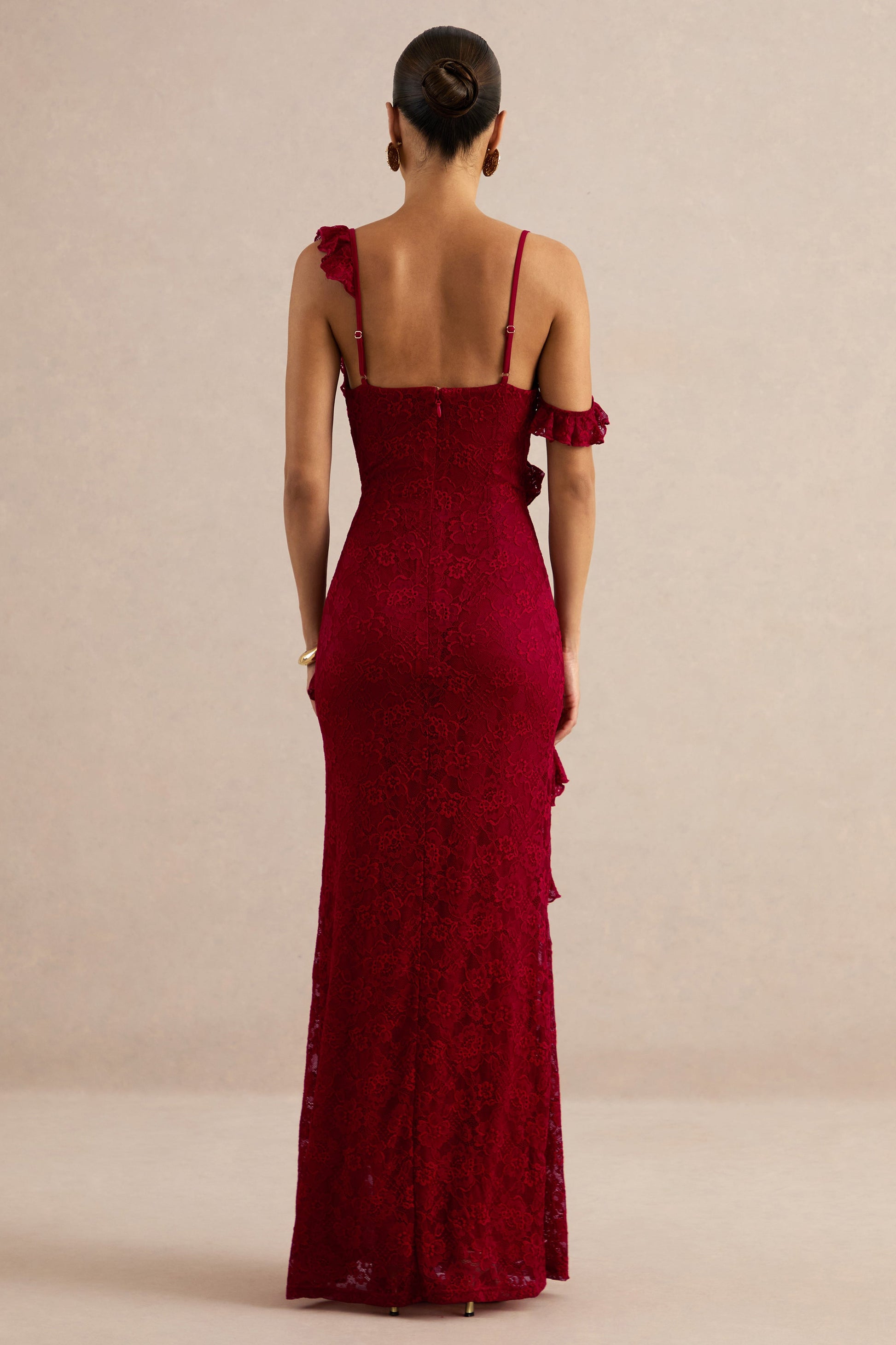 Sera | Red Lace Ruffle Trim Maxi Dress