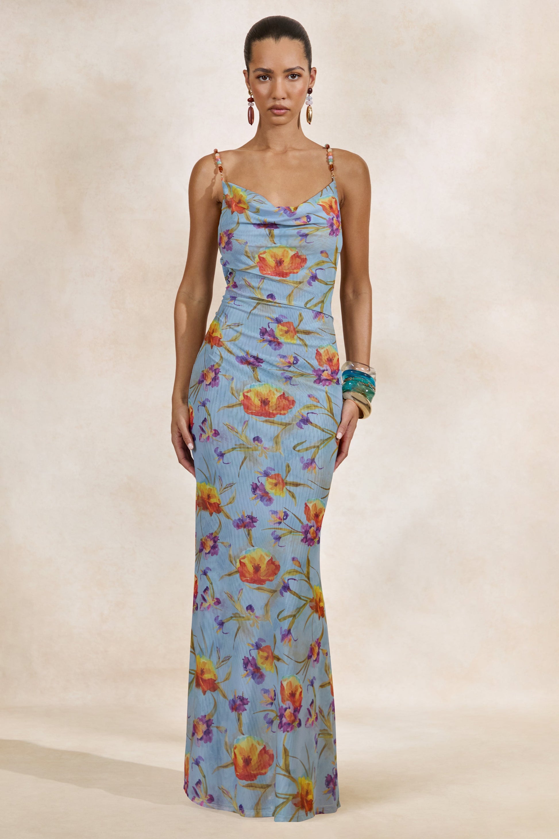 Raisa | Blue Floral Mesh Cowl-Neck Maxi Dress