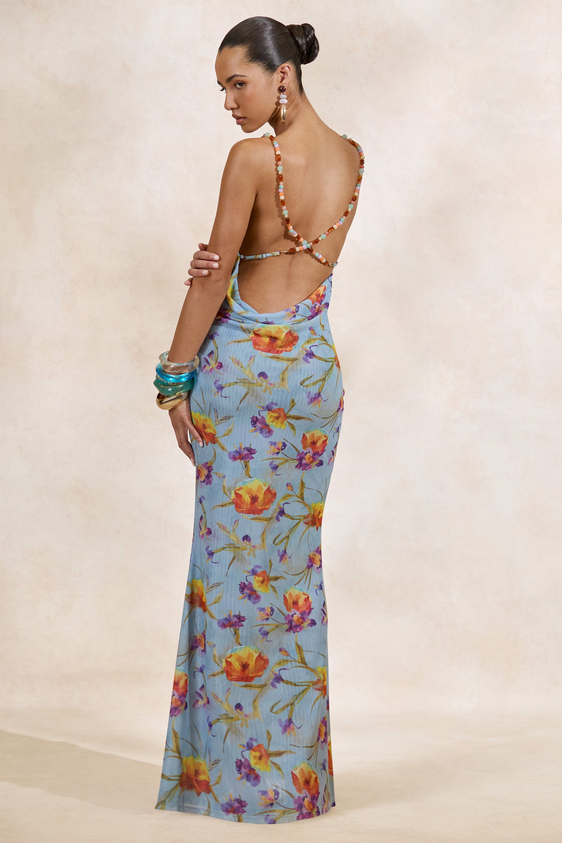 Raisa | Blue Floral Mesh Cowl-Neck Maxi Dress