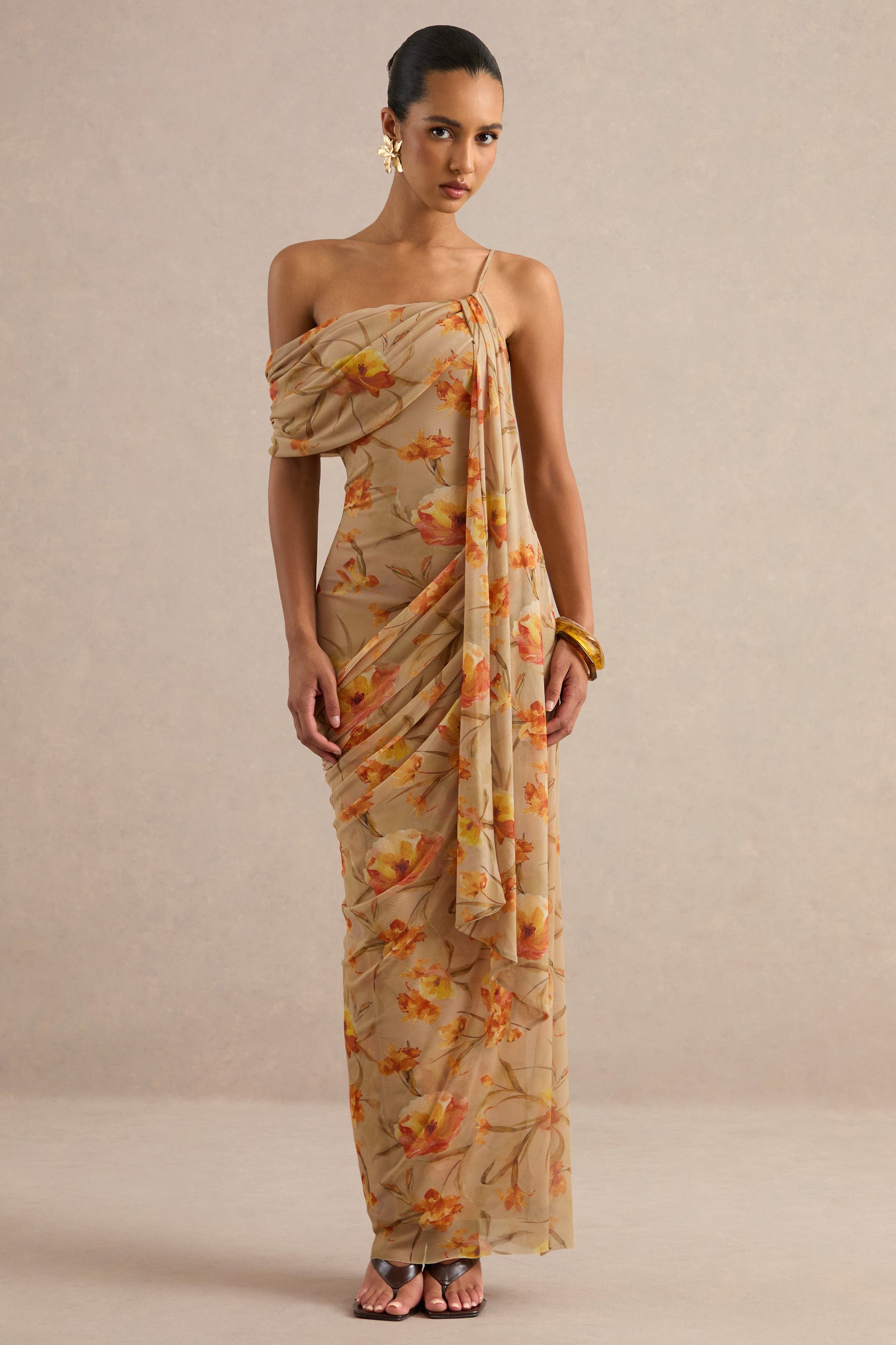 Afton | Orange Floral Mesh Asymmetric-Neck Maxi Dress With Sash Detail