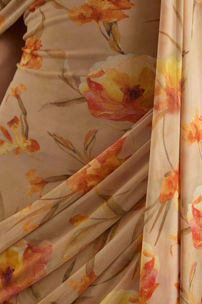 Afton | Orange Floral Mesh Asymmetric-Neck Maxi Dress With Sash Detail