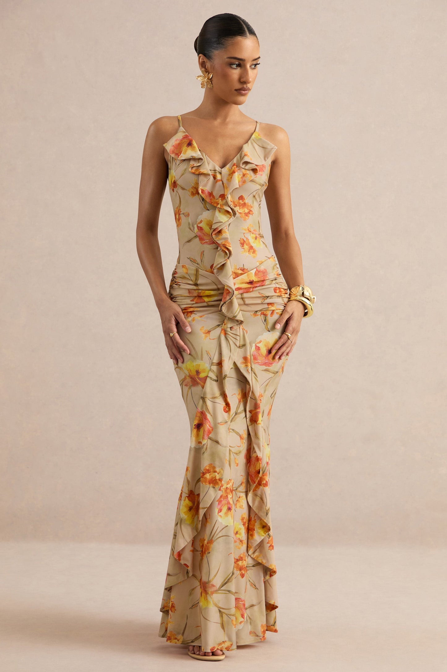 Amali | Orange Floral V-Neck Maxi Dress With Ruffled Detailing
