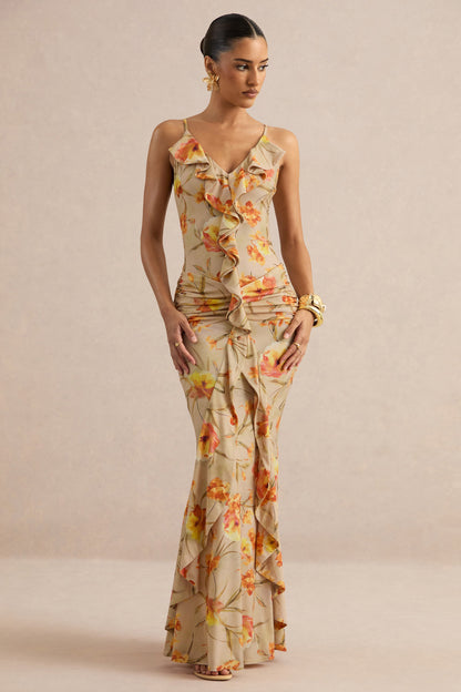 Amali | Orange Floral V-Neck Maxi Dress With Ruffled Detailing