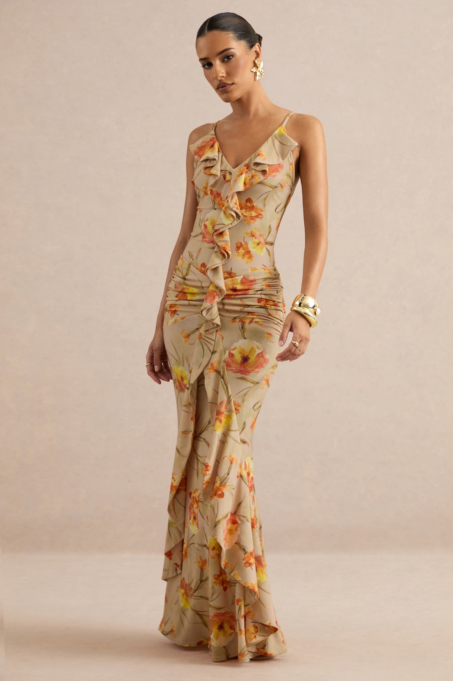 Amali | Orange Floral V-Neck Maxi Dress With Ruffled Detailing