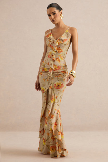 Amali | Orange Floral V-Neck Maxi Dress With Ruffled Detailing