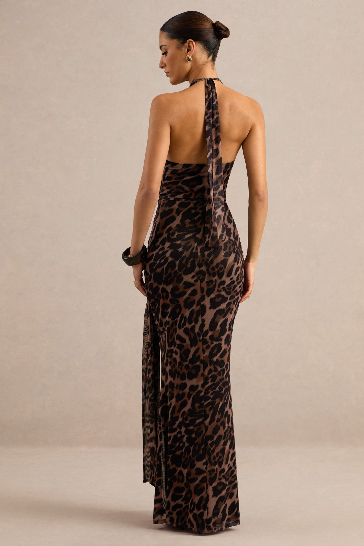 Anwen | Leopard Print Mesh V-Neck Maxi Dress With Front High Split