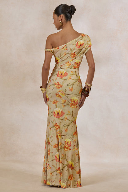 Asiya | Orange Floral Asymmetric-Neck Twist Strap Maxi Dress With Gathered Detailing