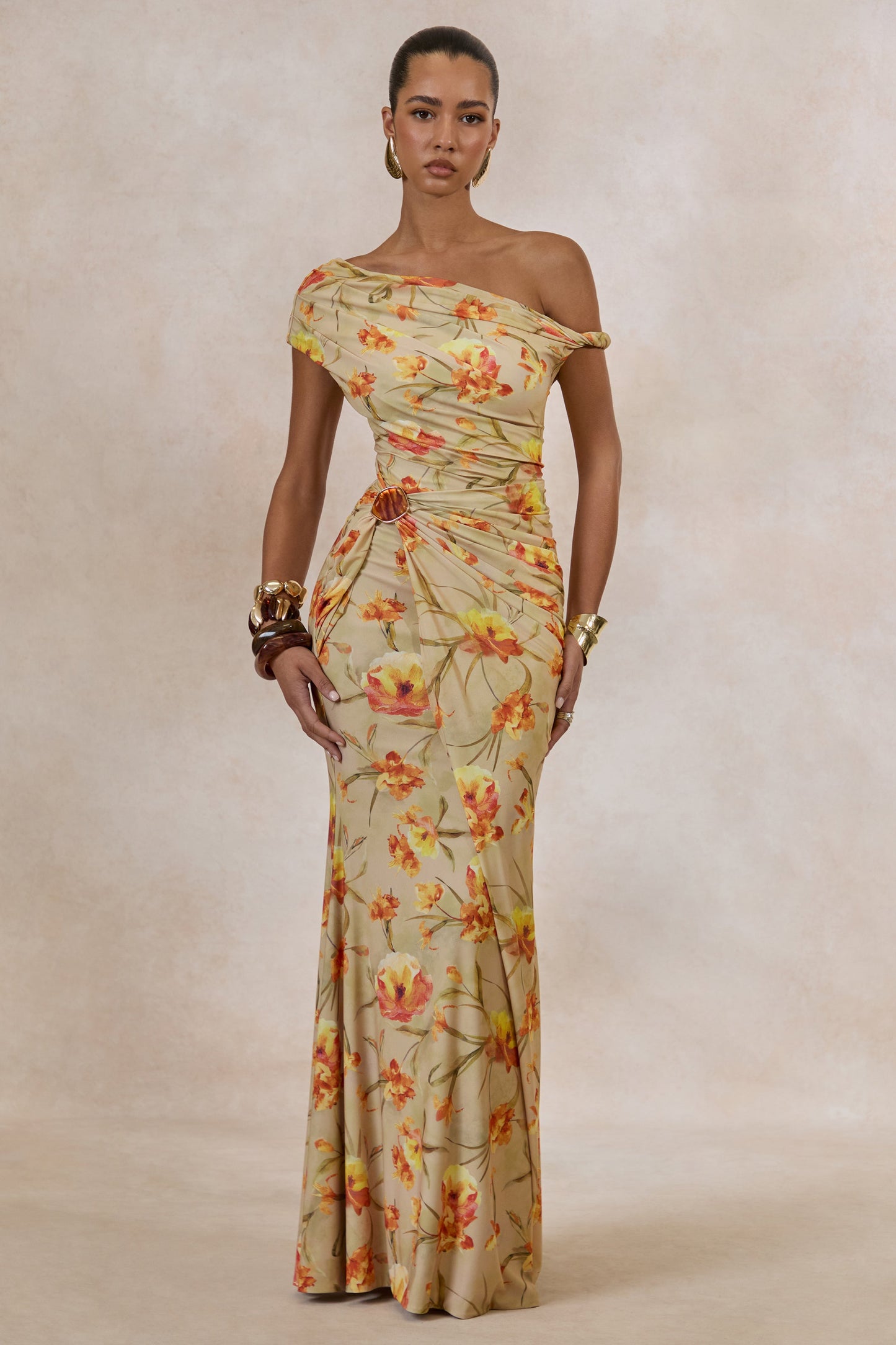 Asiya | Orange Floral Asymmetric-Neck Twist Strap Maxi Dress With Gathered Detailing