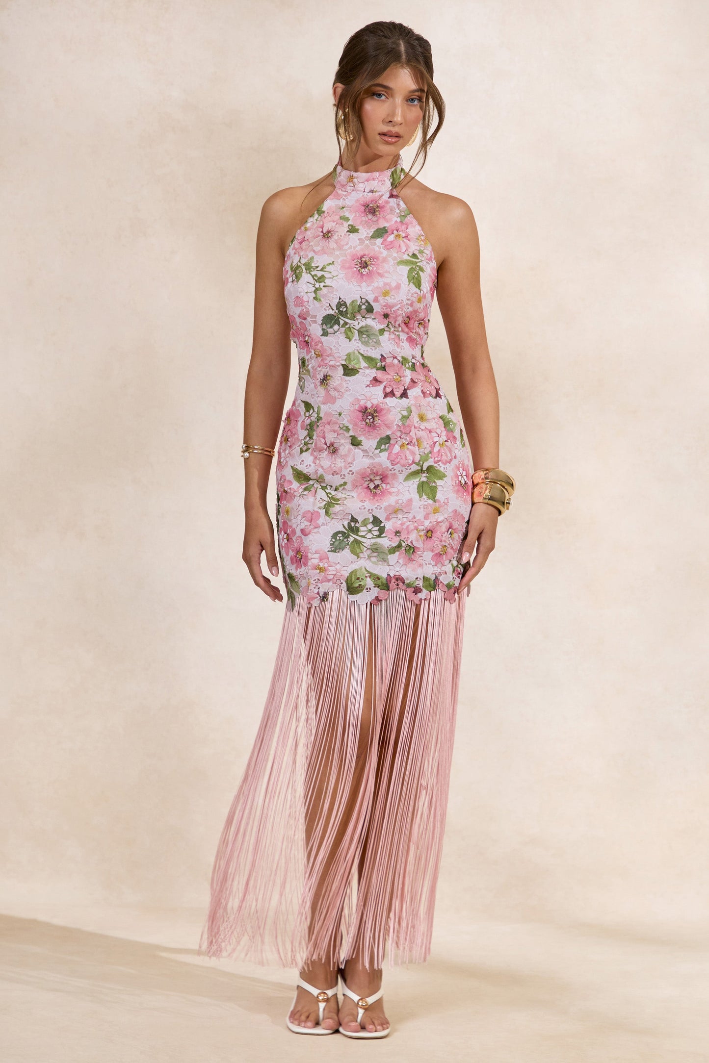 Lerisa | Pink Floral Print Lace Halter-Neck Fringed Maxi Dress