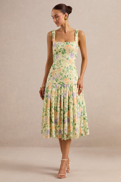 Lumara | Lemon Floral Print Lace Square-Neck Midi Dress With Drop Waist