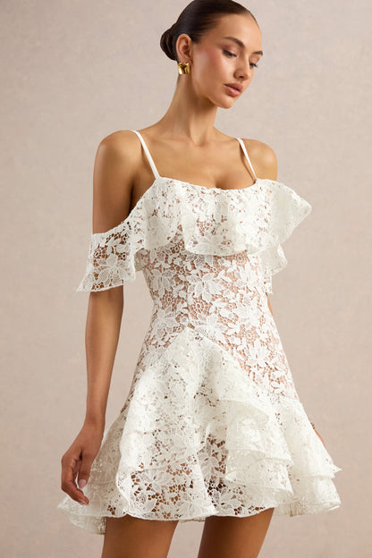 Lyris | White Lace Scoop-Neck Mini Dress With Ruffled Detailing