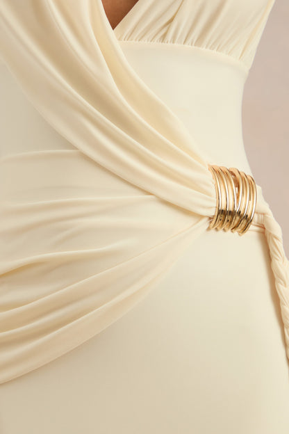 Nalina | Cream Plunge-Neck Maxi Dress With Gathered Detailing And Gold Detail