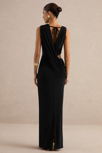 Tahlia | Black Plunge-Neck Maxi Dress With Draped Detailing And Gold Detail
