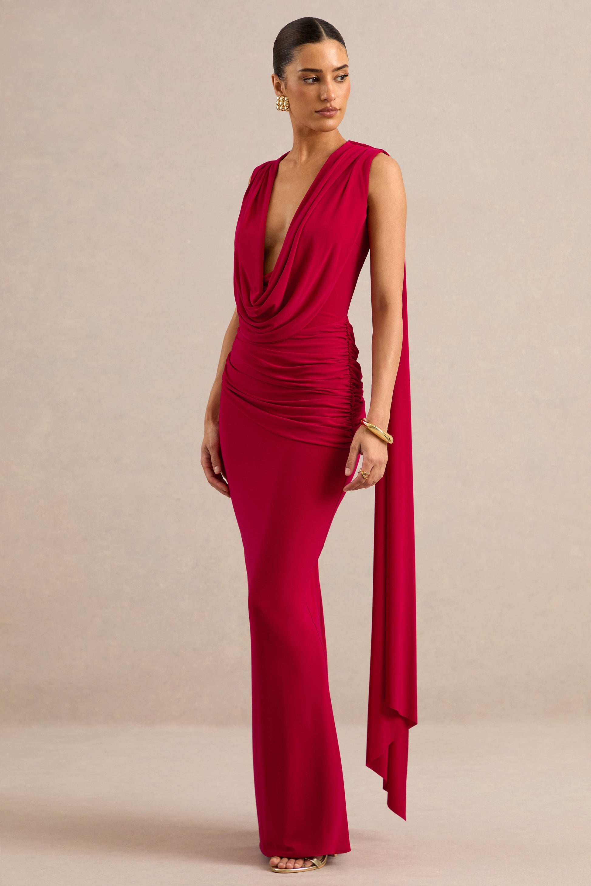 Aralyn | Red Plunge Cowl-Neck Maxi Dress With Sash Detail