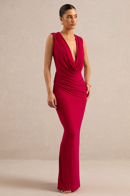 Aralyn | Red Plunge Cowl-Neck Maxi Dress With Sash Detail