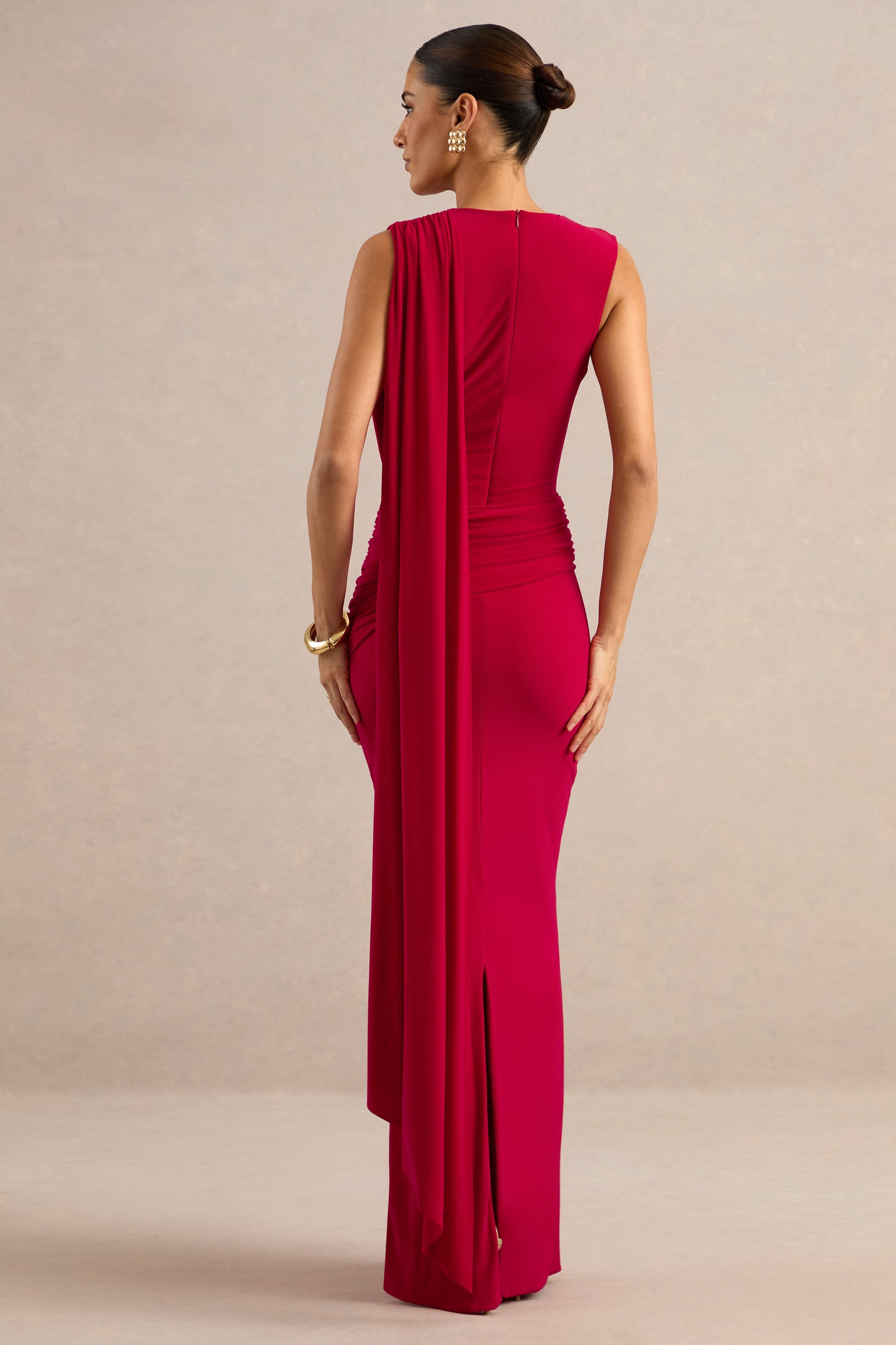 Aralyn | Red Plunge Cowl-Neck Maxi Dress With Sash Detail