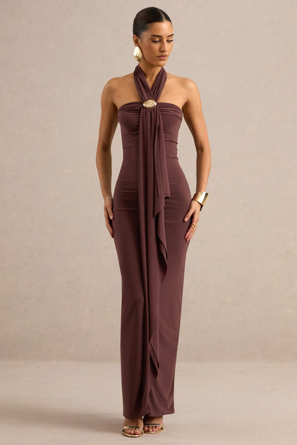 Delaina | Dark Brown Halter-Neck Maxi Dress With Gold Detail And Sash