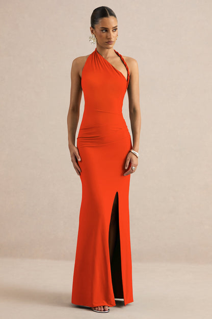 Elirae | Orange Asymmetric-Neck Maxi Dress With Twist Strap And Front High Split