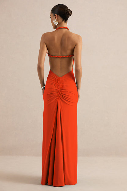 Elirae | Orange Asymmetric-Neck Maxi Dress With Twist Strap And Front High Split