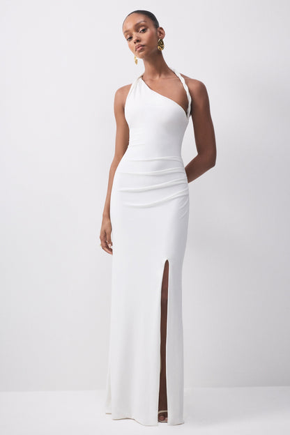 Elirae | White Asymmetric-Neck Maxi Dress With Twist Strap And Front High Split
