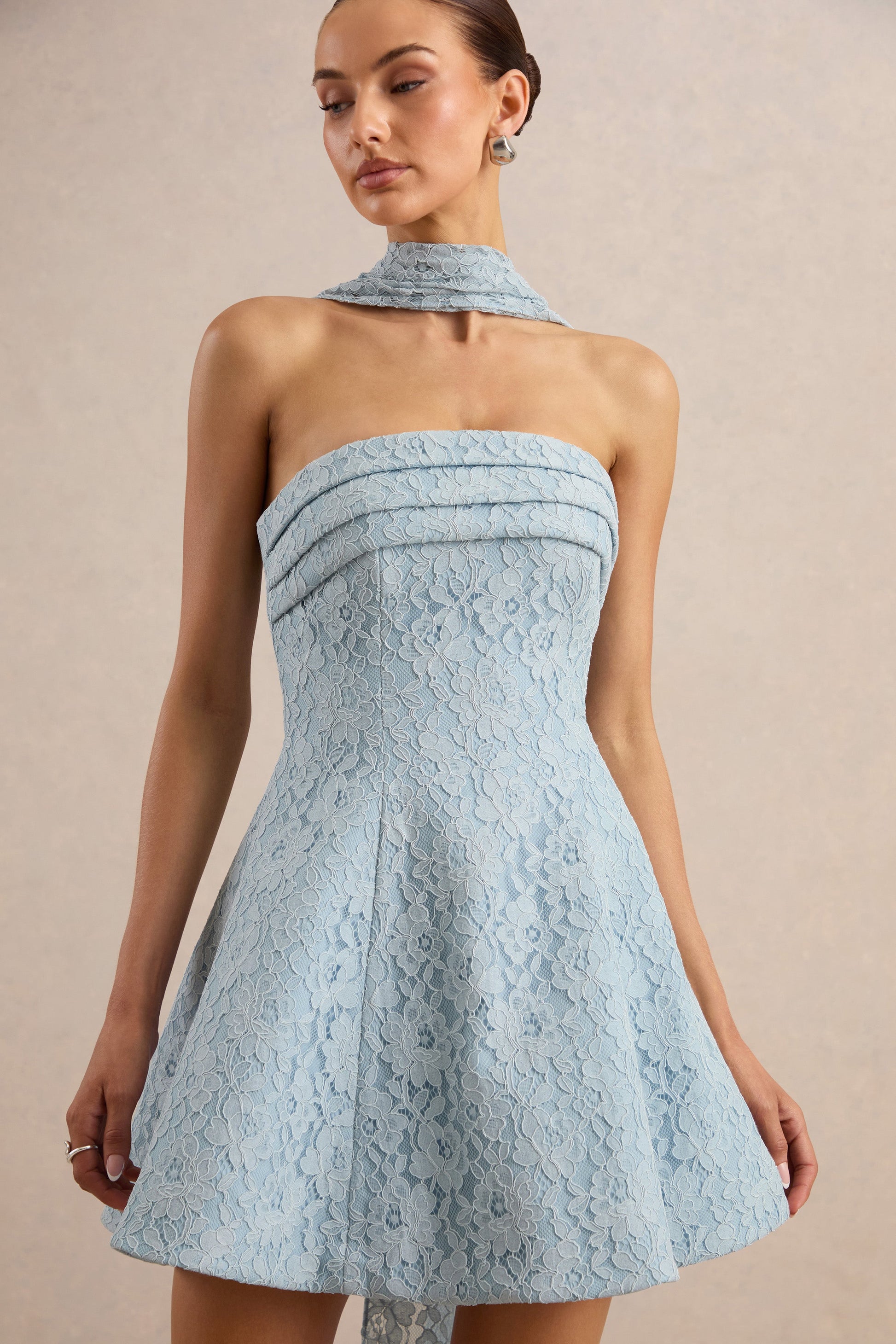 Elvara | Light Blue Lace Bandeau-Neck Mini Dress With Scarf Detail