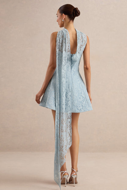 Elvara | Light Blue Lace Bandeau-Neck Mini Dress With Scarf Detail