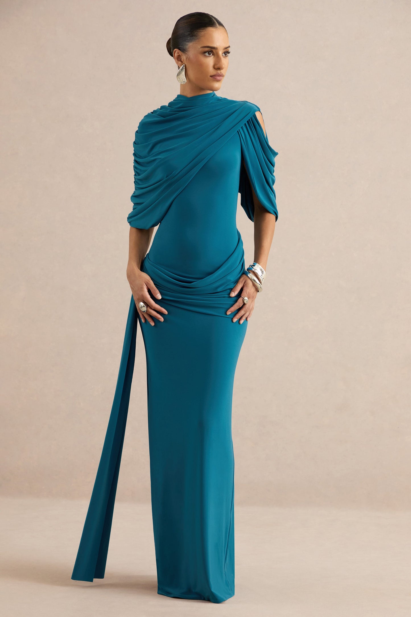 Eleri | Teal High-Neck Maxi Dress With One Short Cape Sleeve And Gathered Detailing