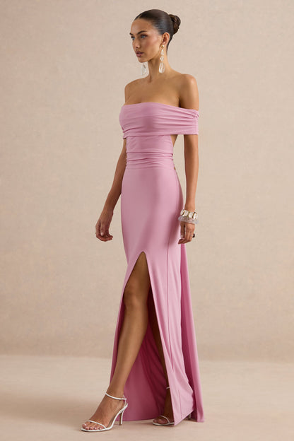 Emari | Pink Bardot-Neck Tie Back Maxi Dress With Front-High Split